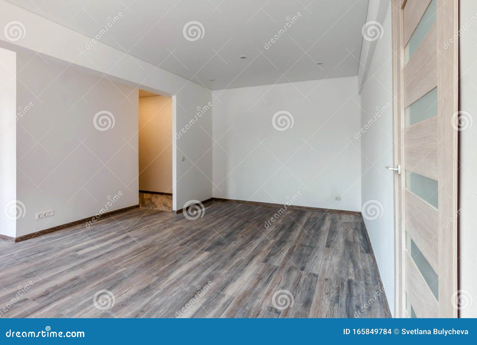Empty White Room With Washed Floating Gray Wooden Laminate Flooring And  Newly Painted Wall In Background Stock Photo - Image Of Painted, Flooring:  165849784