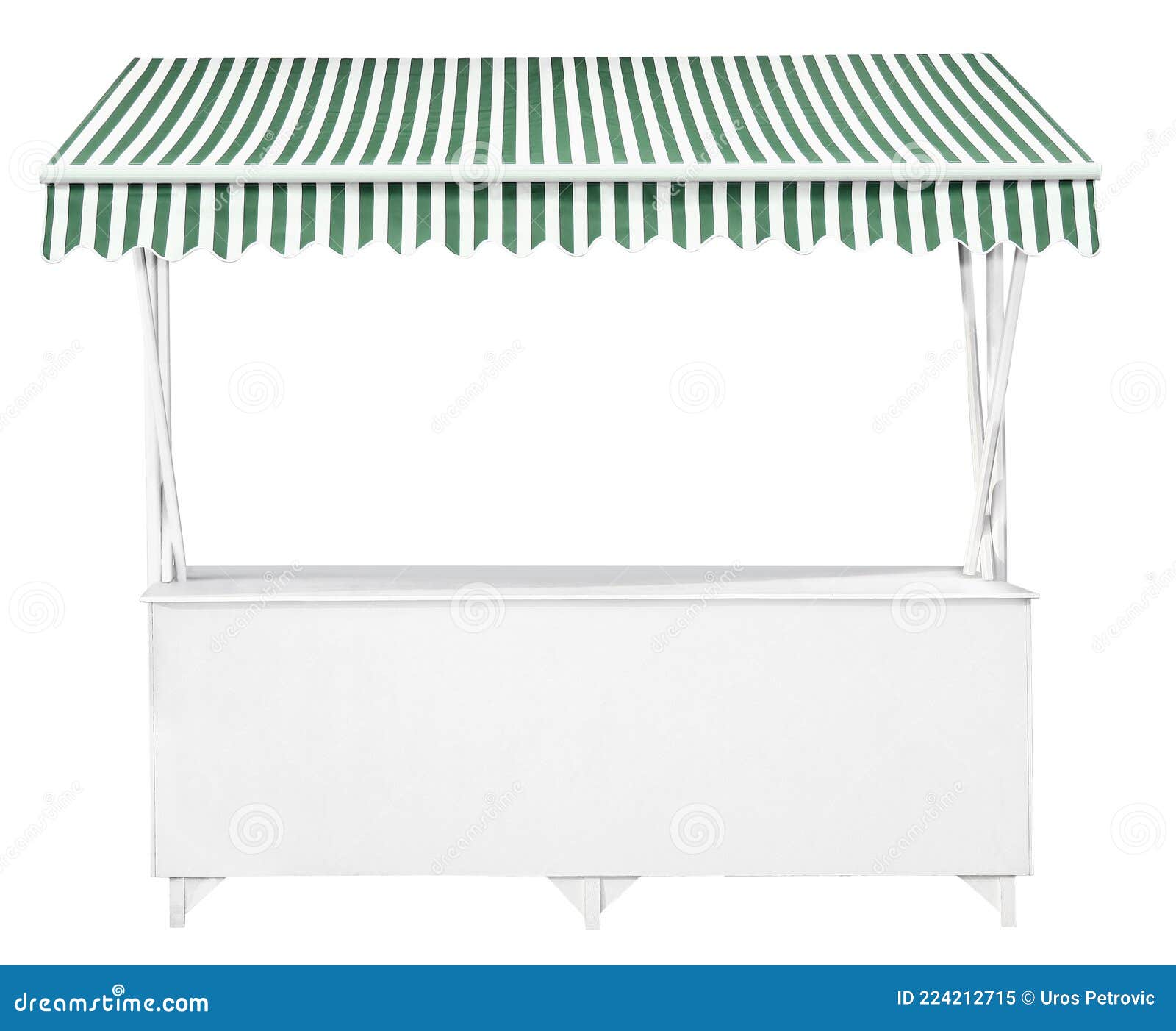 white market stall with green striped awning
