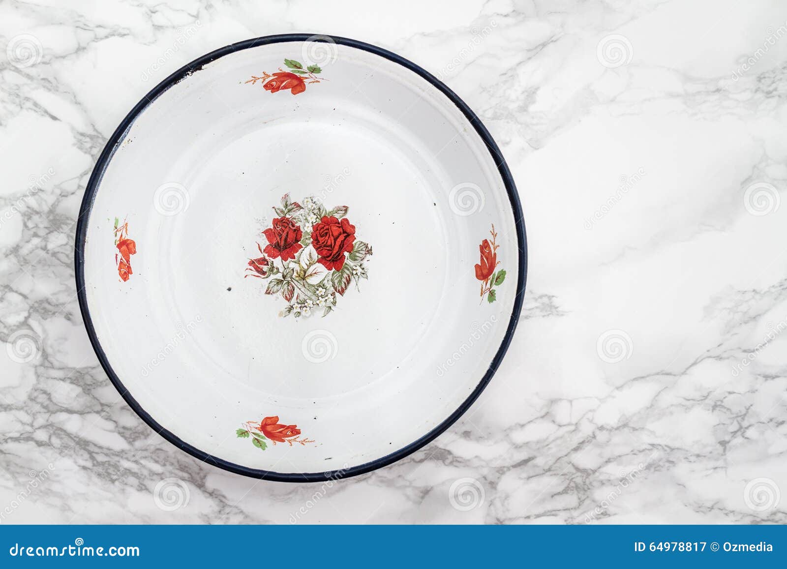 Empty White Vintage Enamel Plate with Flower Design Stock Image Image