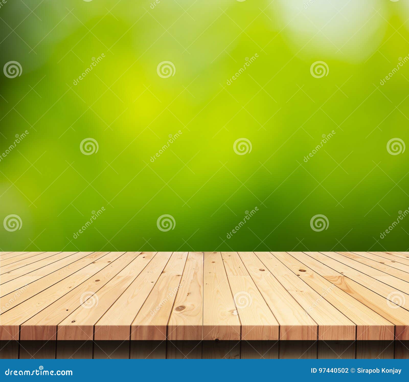 Empty Wood Table Top with Green Nature Background. Stock Photo Image
