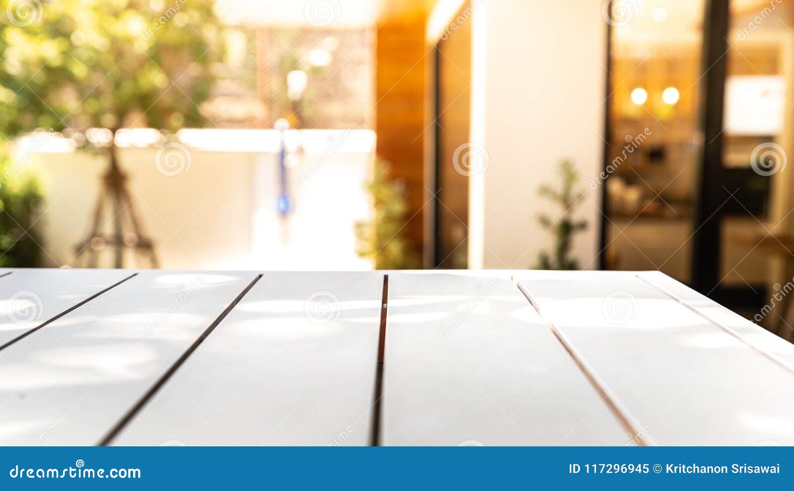 Empty Wood White Table and Blurred Cafe or Restaurant Light Back Stock  Image - Image of light, arrow: 117296945