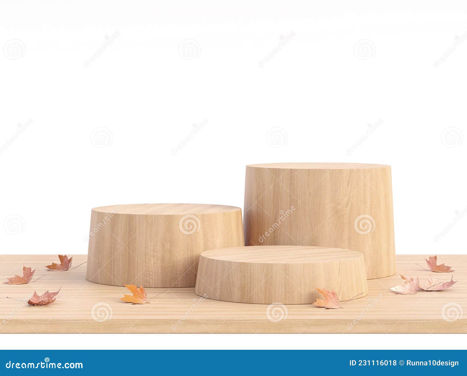 empty wooden cylinder podium with autunm concept  on white background 3d render