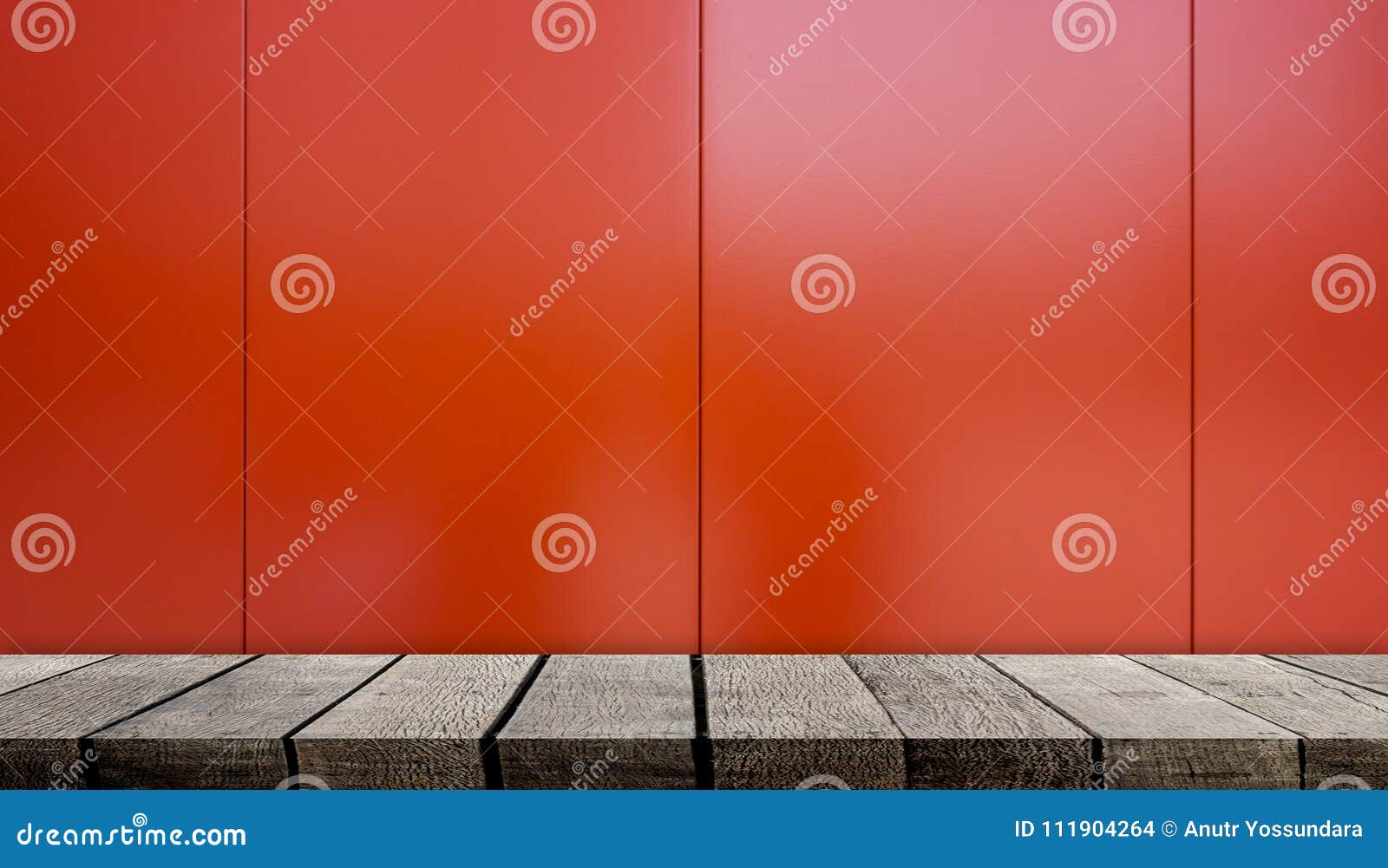 empty wooden display shelf on shiny red metal
