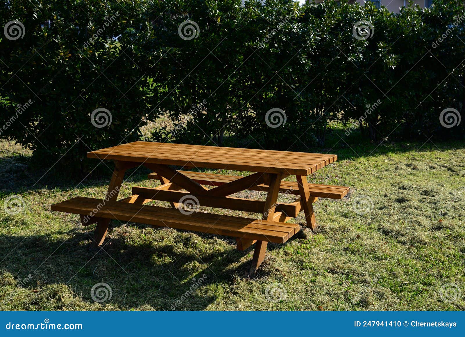 Empty Wooden Picnic Table with Benches in Park on Sunny Day Stock Photo