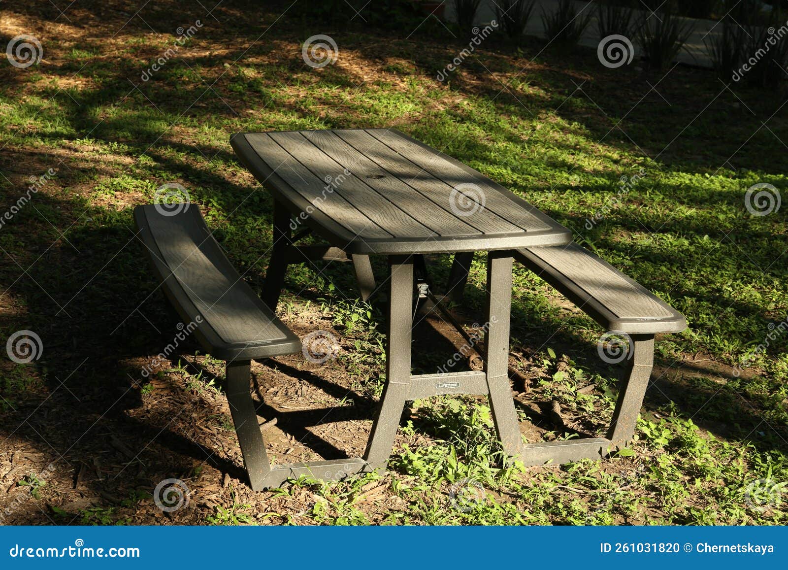 Empty Wooden Picnic Table with Benches in Park on Sunny Day Stock Photo