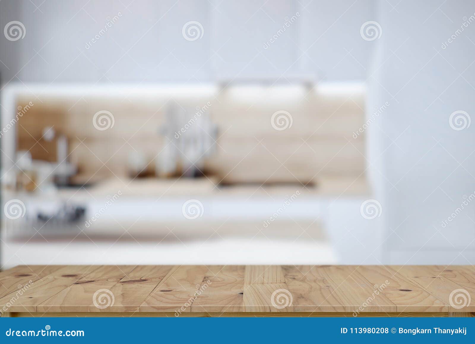 Empty Wooden Table Top and Kitchen Background Stock Photo - Image of ...