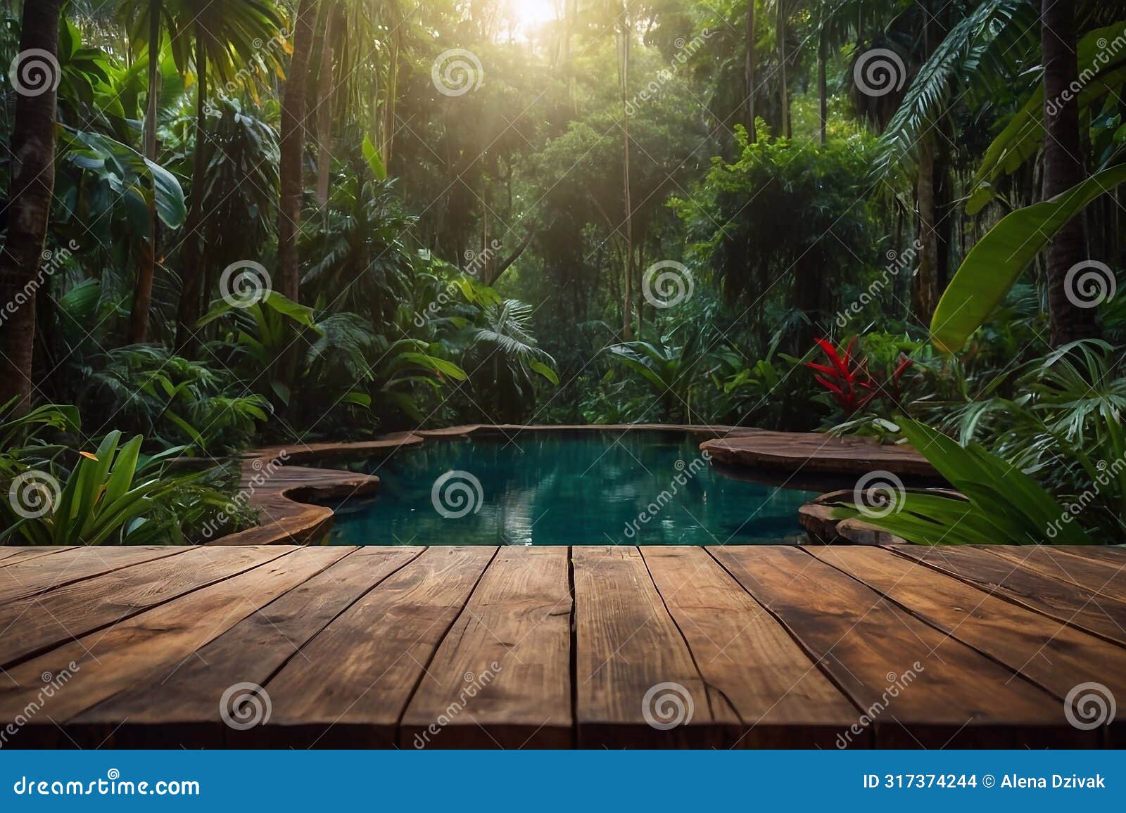 empty wooden table with tropical forest background. generative ai