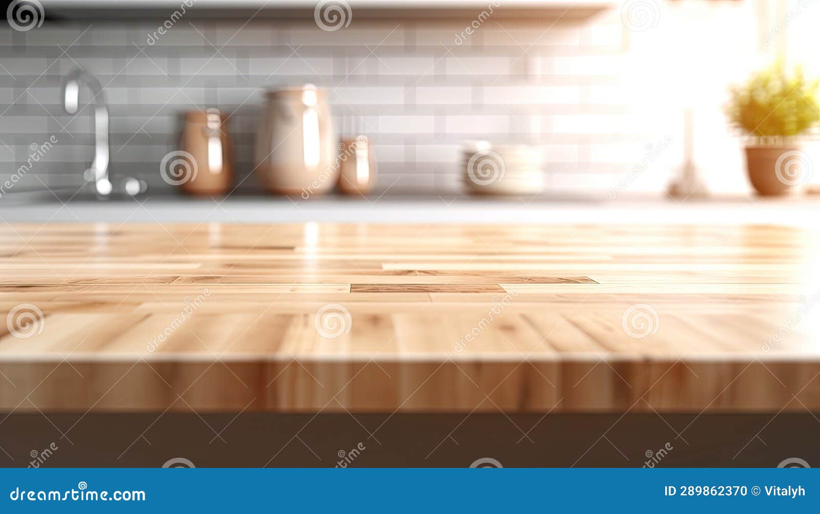 Empty Wooden Tabletop with Blurred Kitchen Background. Mock Up for ...