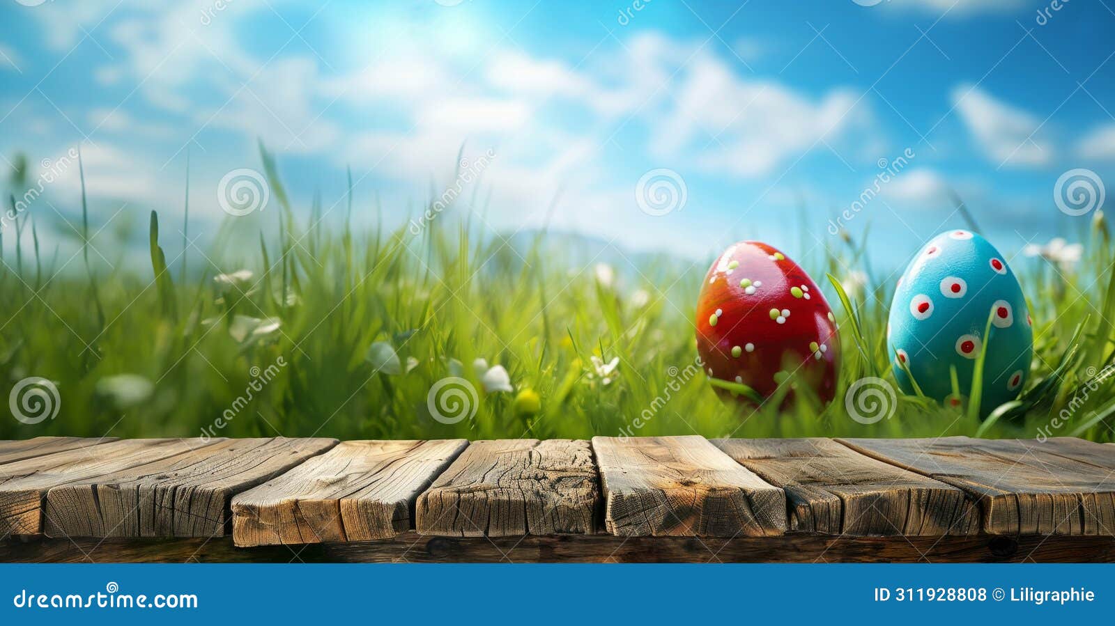 empty wooden tabletop with green grass and easter eggs in the background