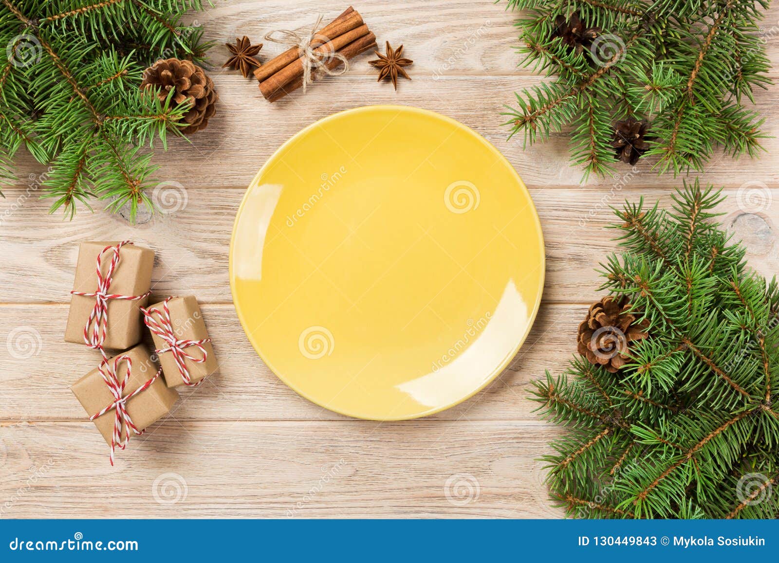 Download Empty Yellow Matte Plate On Wooden Background With Christmas Decoration Round Dish New Year Concept Stock Image Image Of Dark Decoration 130449843 Yellowimages Mockups