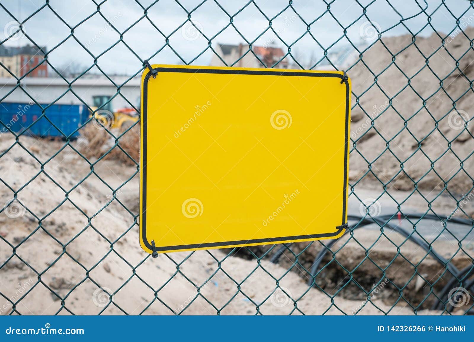 Empty Yellow Sign on Construction Site Fence Warning Sign Mockup
