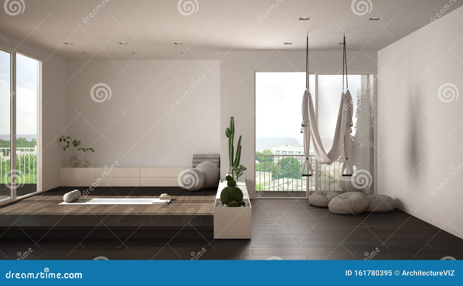 Empty Yoga Studio Interior Design, Open Space with Mats, Hammock, Pillows  and Accessories, Succulent Plants, Parquet, Big Stock Illustration -  Illustration of style, spare: 161780395