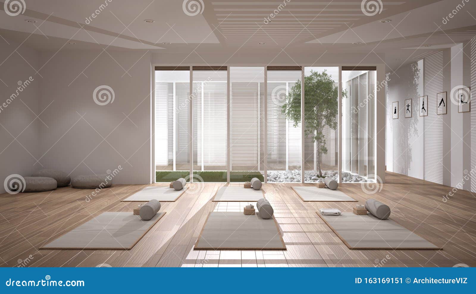 Empty Yoga Studio Interior Design Open Space With Mats Pillows