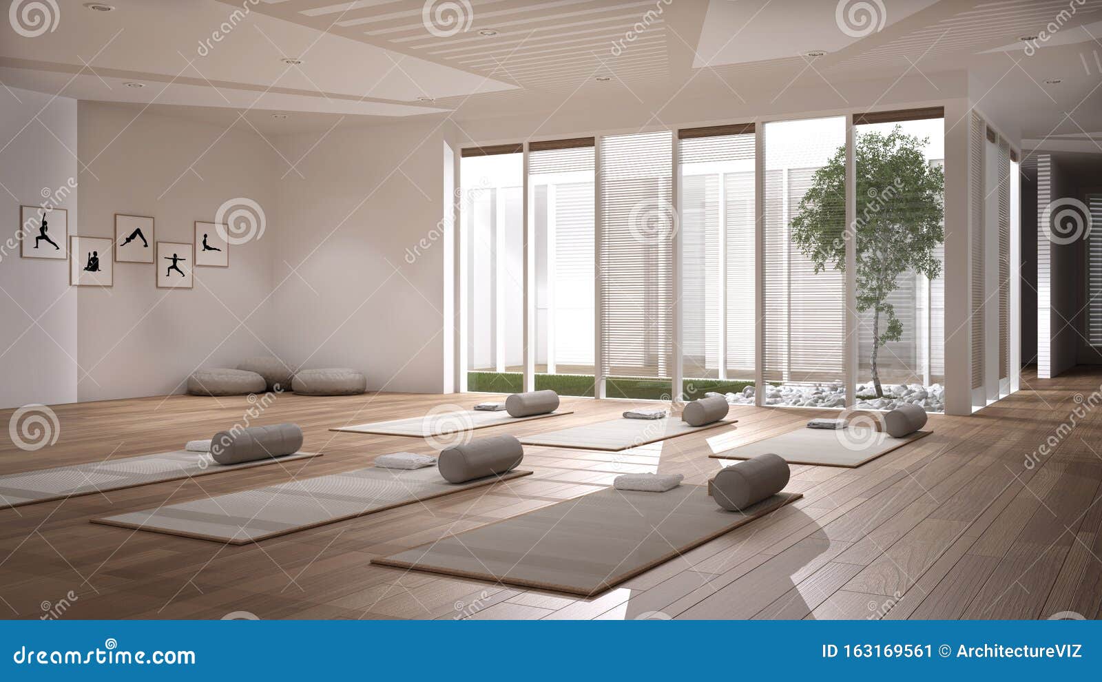 Empty Yoga Studio Interior Design, Open Space with Mats, Pillows and  Accessories, Parquet, Patio House, Inner Garden with Tree and Stock  Illustration - Illustration of fitness, studio: 163169561