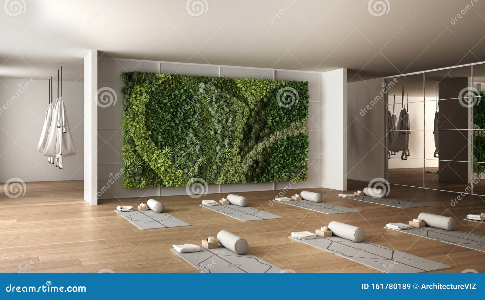 Empty Yoga Studio Interior Design, Space with Mats, Hammocks, Pillows and  Accessories, Parquet, Mirror, Vertical Garden and Big Stock Illustration -  Illustration of indoor, lifestyle: 161780189