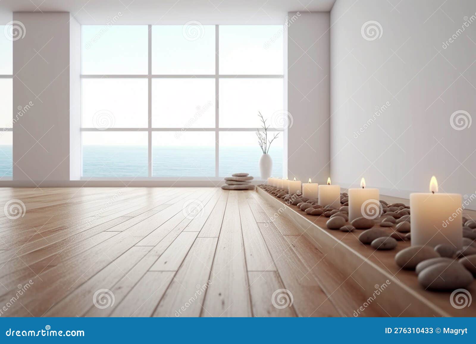 Empty Zen Room or Yoga Studio with Panoramic Windows and Burning