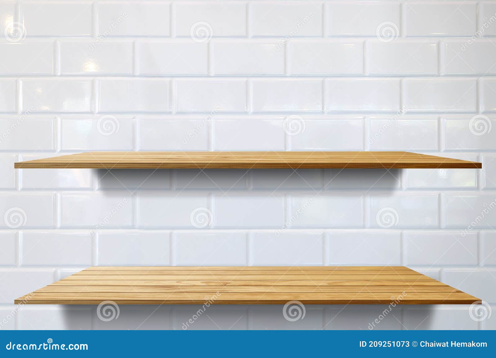 EmptyTwo Layers Wood Plank Shelf and at White Ceramic Tile Wall Pattern