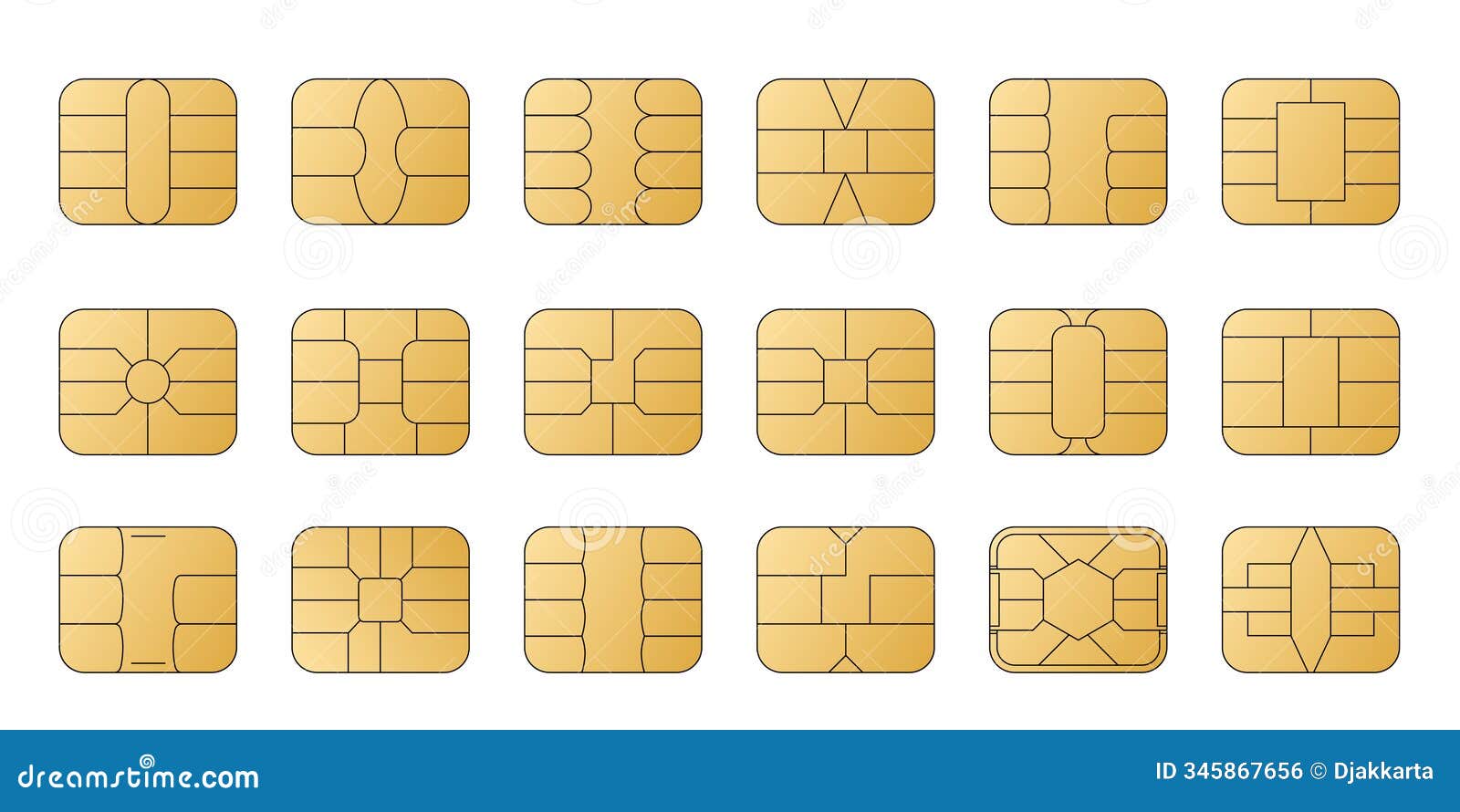 emv chip golden  icons. contactless payment at terminals and atms. set line nfc . square computer microchips