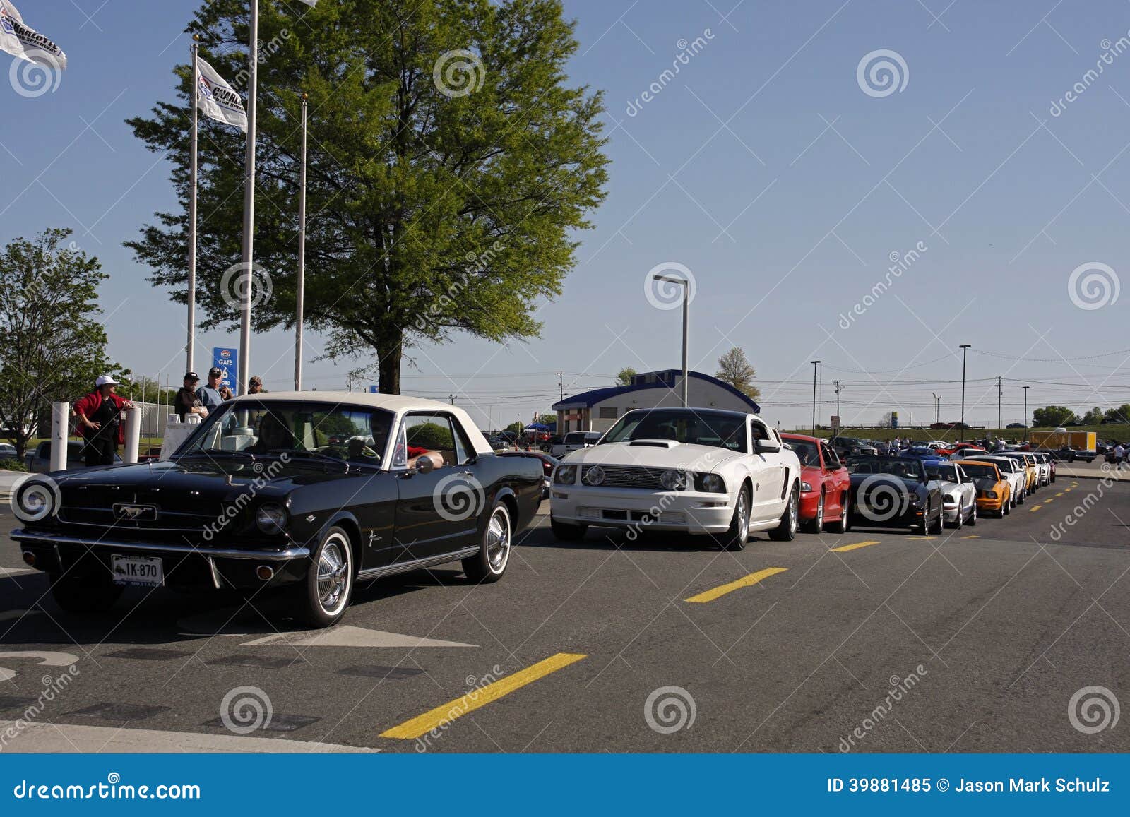 En linje av mustang på Charlotte Motor Speedway. År och modeller för mustang allra kör framme av den iconic byggnaden framme av Charlotte Motor Speedway under den Ford Mustang 50th årsdaghändelsen 2014