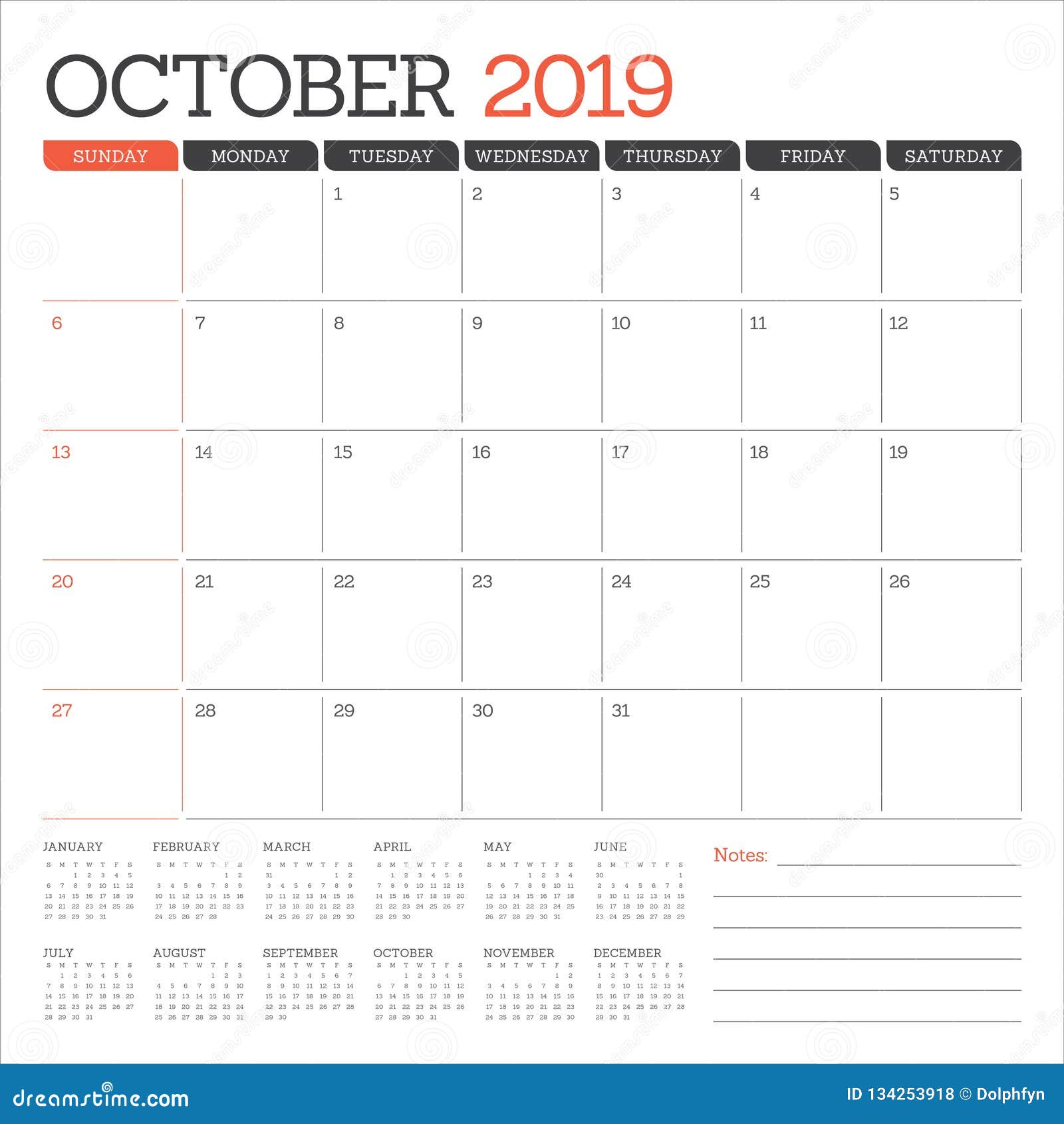 En Octubre De 2019 Ejemplo Mensual Del Vector Del Calendario