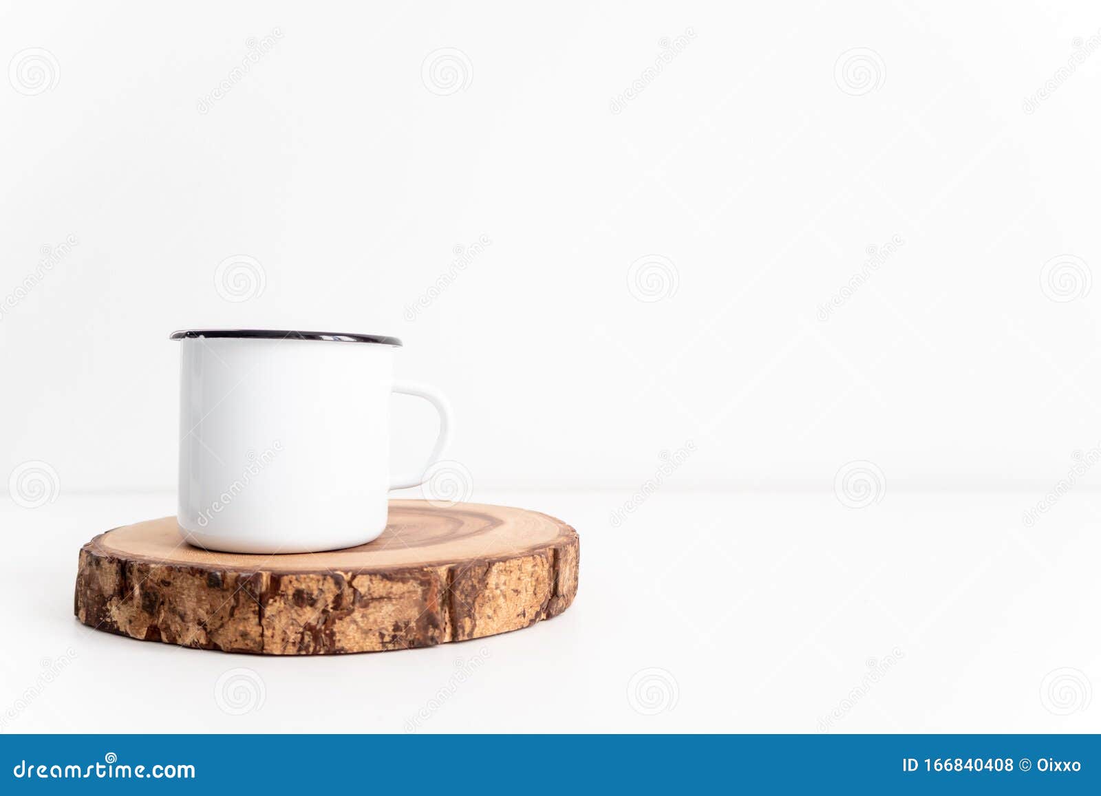 Download Enamel White Mug On Rustic Wooden Cut Section Mockup Boho Style Classic Stock Photo Still Life Composition With White Metal Mug Stock Photo Image Of Natural Mockup 166840408