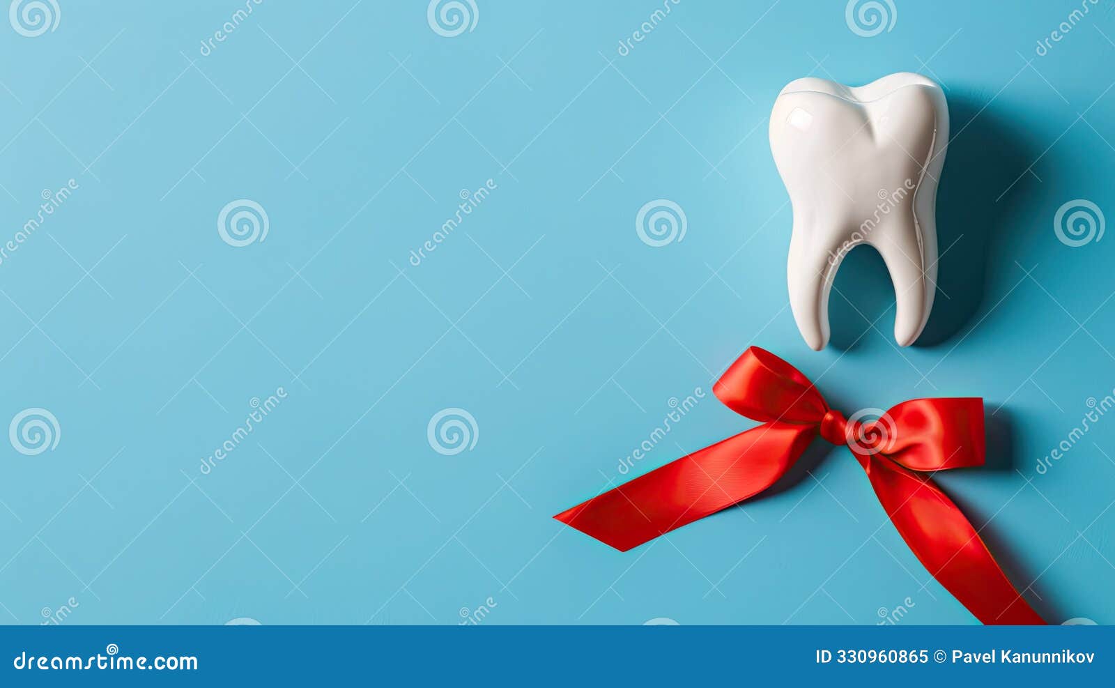enamel-white tooth model with red bow on soft blue background