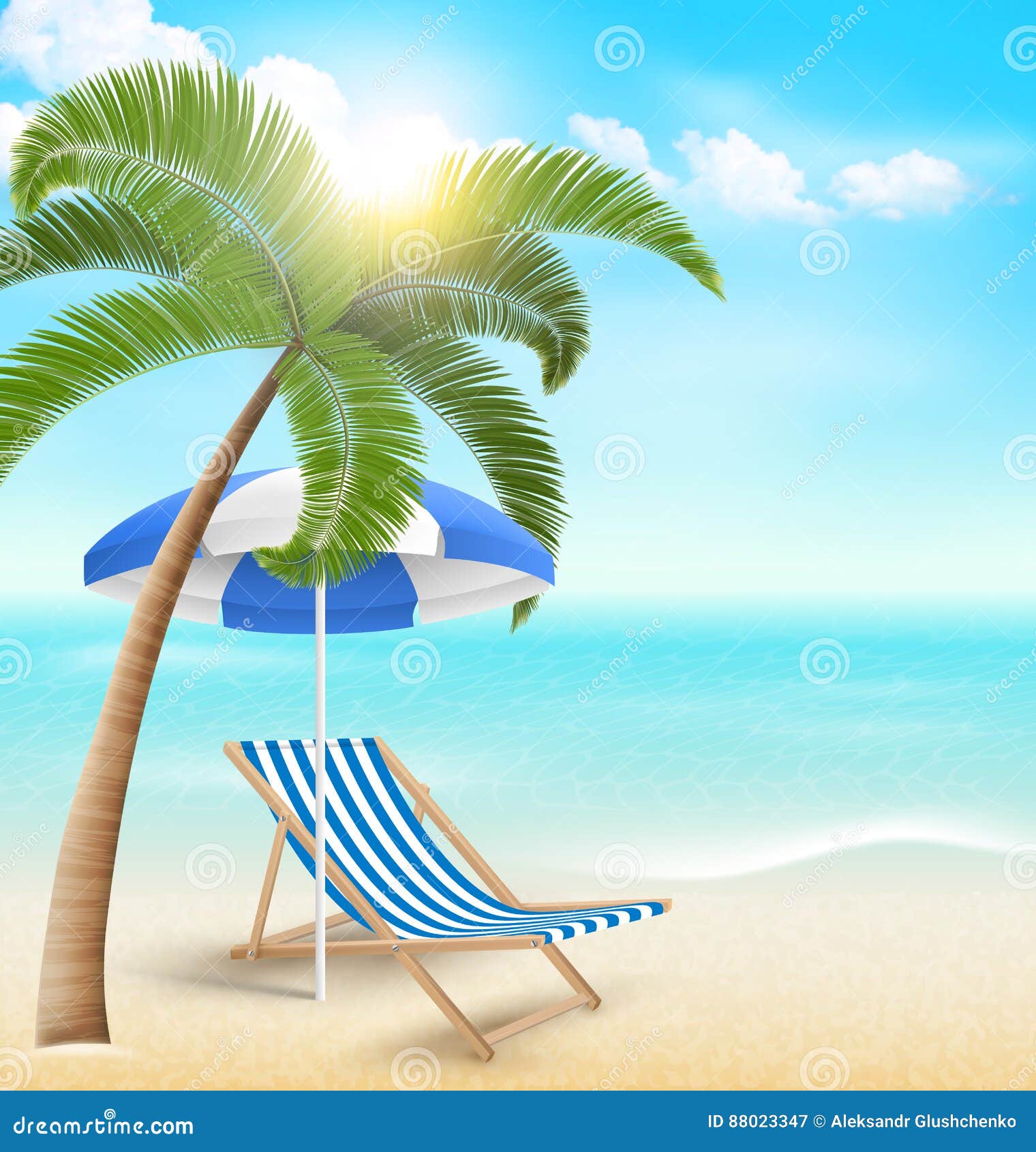 Modelo De Verão Com Praia, Árvore De Palma, Bola, Água De Coco, Cadeira.  Ilustração Vetorial. Royalty Free SVG, Cliparts, Vetores, e Ilustrações  Stock. Image 74063563