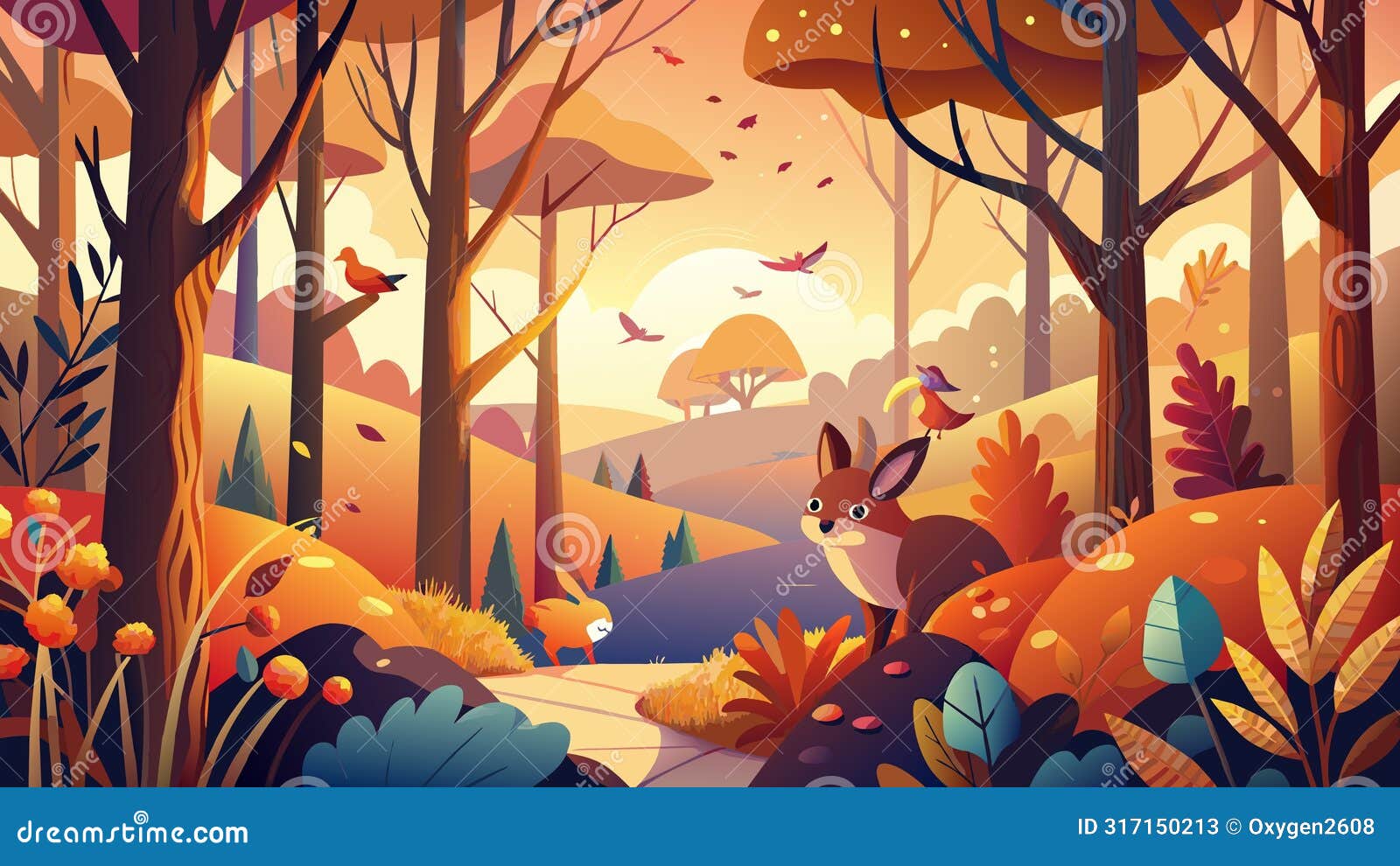 enchanted autumn forest with wildlife and warm hues