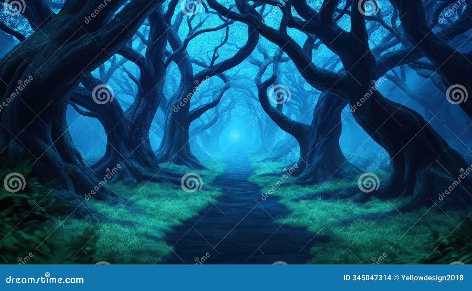 enchanted blue forest pathway with mystical atmosphere and twisted trees