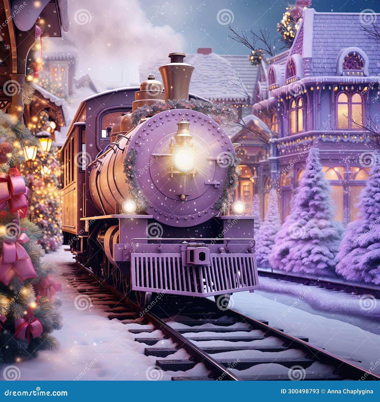 Enchanted Christmas Train in Winter Town with Christmas Tree Stock 