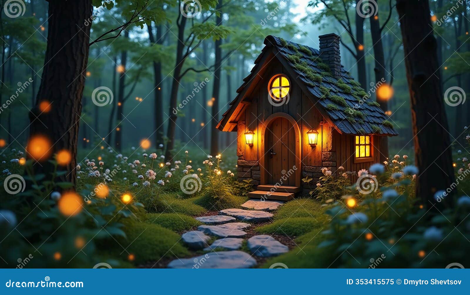 enchanted cottage nestled among glowing fireflies at twilight in a serene forest setting. generative ai