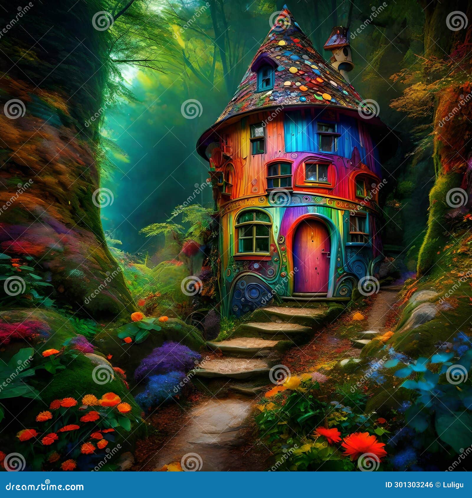 enchanted forest haven: a multicolored fairy tale cottage