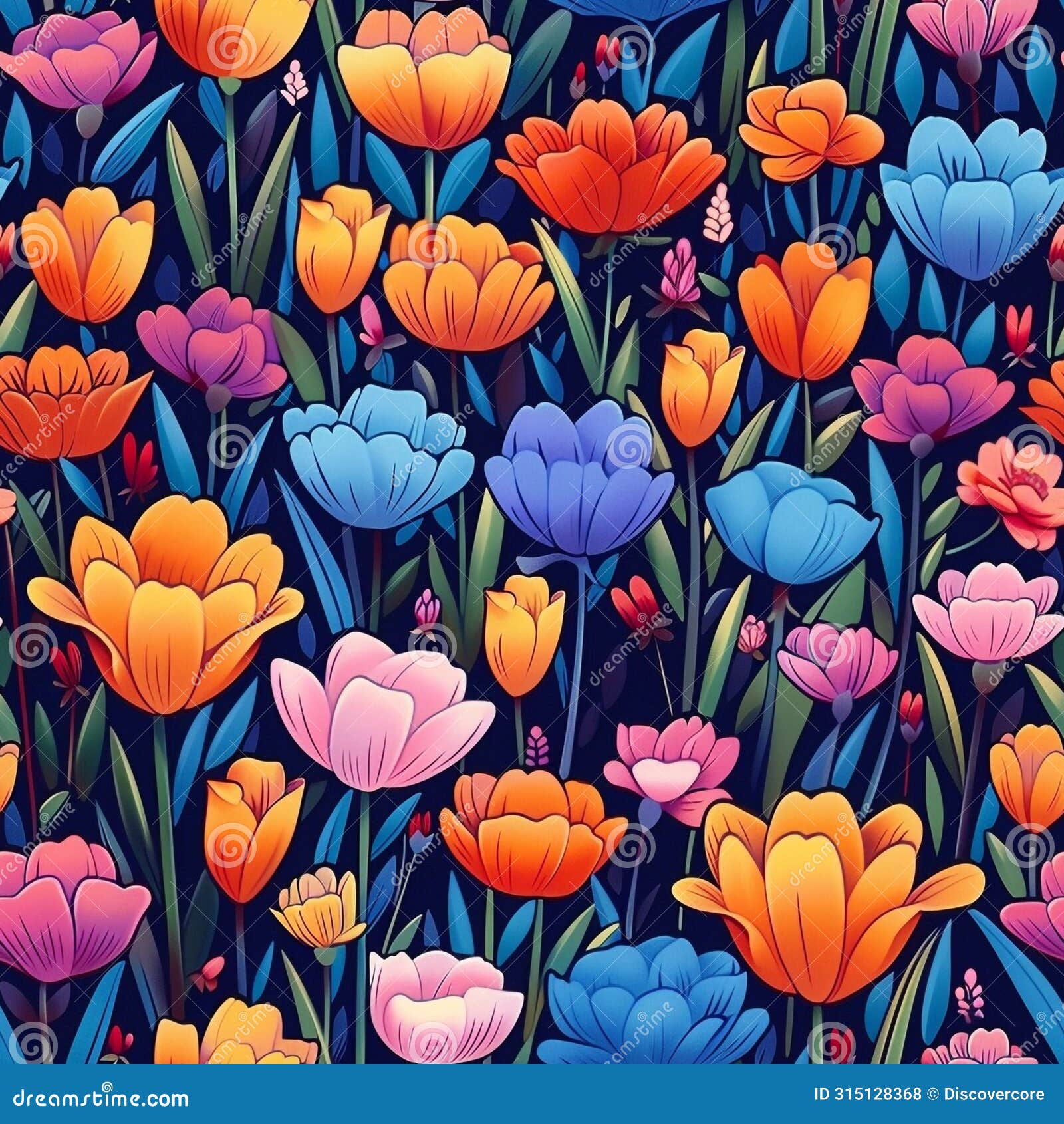 enchanted midnight garden: lush tulips in vibrant nighttime color pattern