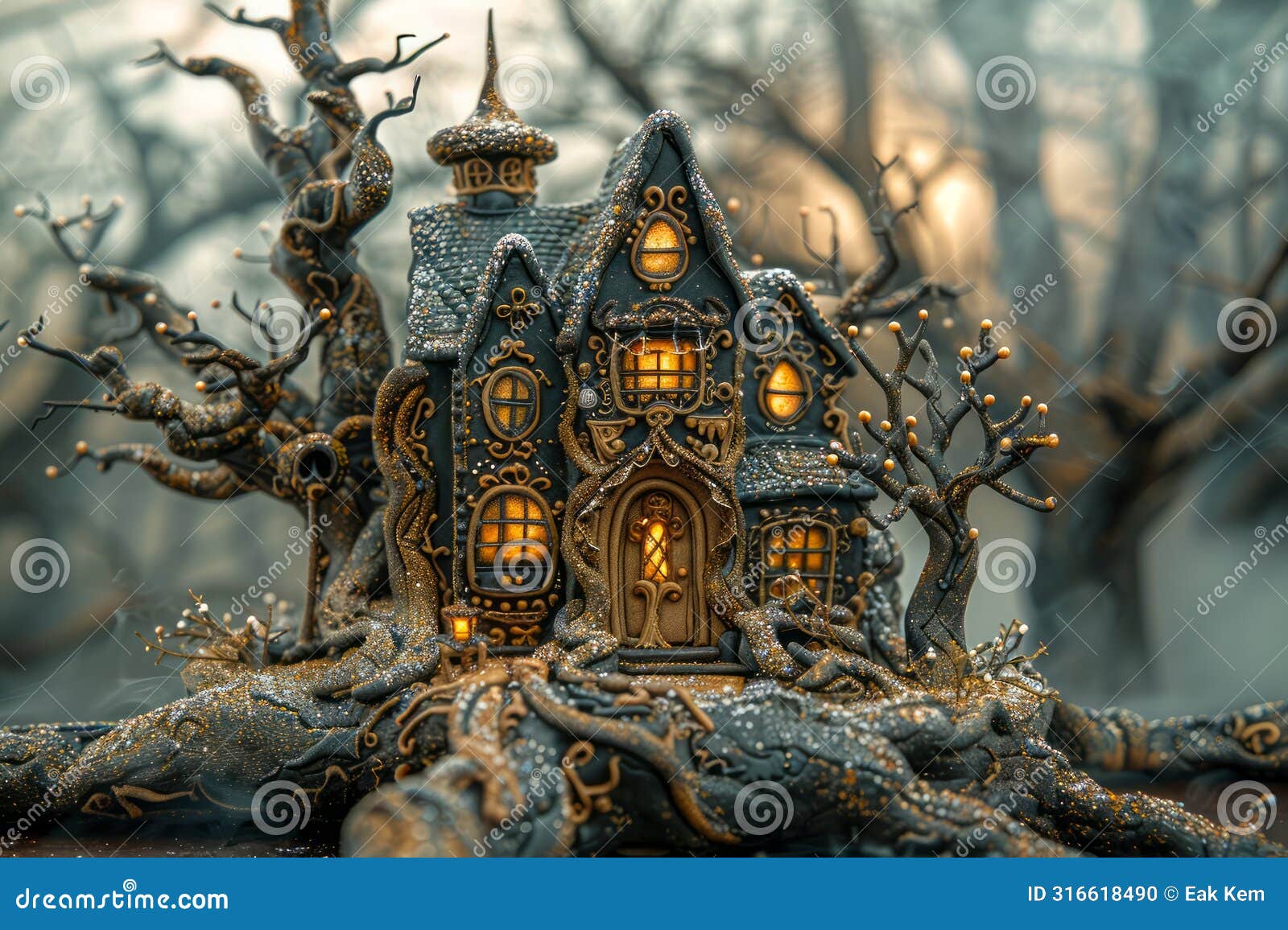 enchanted miniature fairy tale house in mystical forest setting with illuminated windows and twisted trees