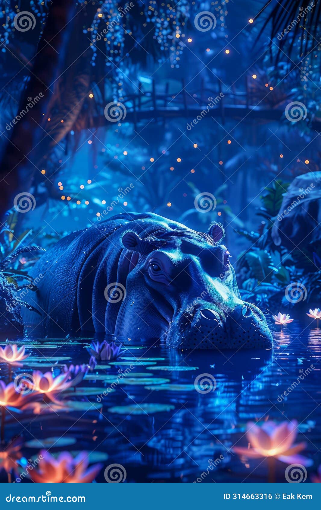 enchanted nocturnal scene with hippopotamus submerged amongst luminous water lilies in a mystical blue pond