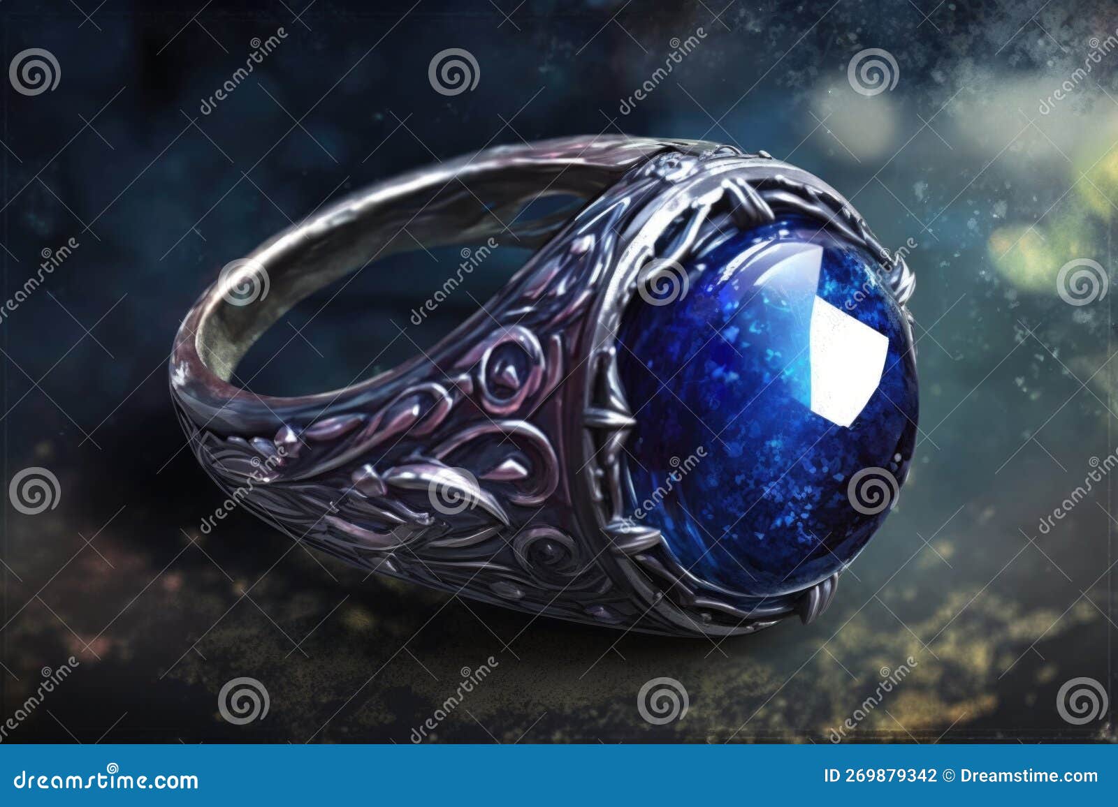 Enchanted Silver Ring with a Large, Deep Blue Sapphire AI Generation