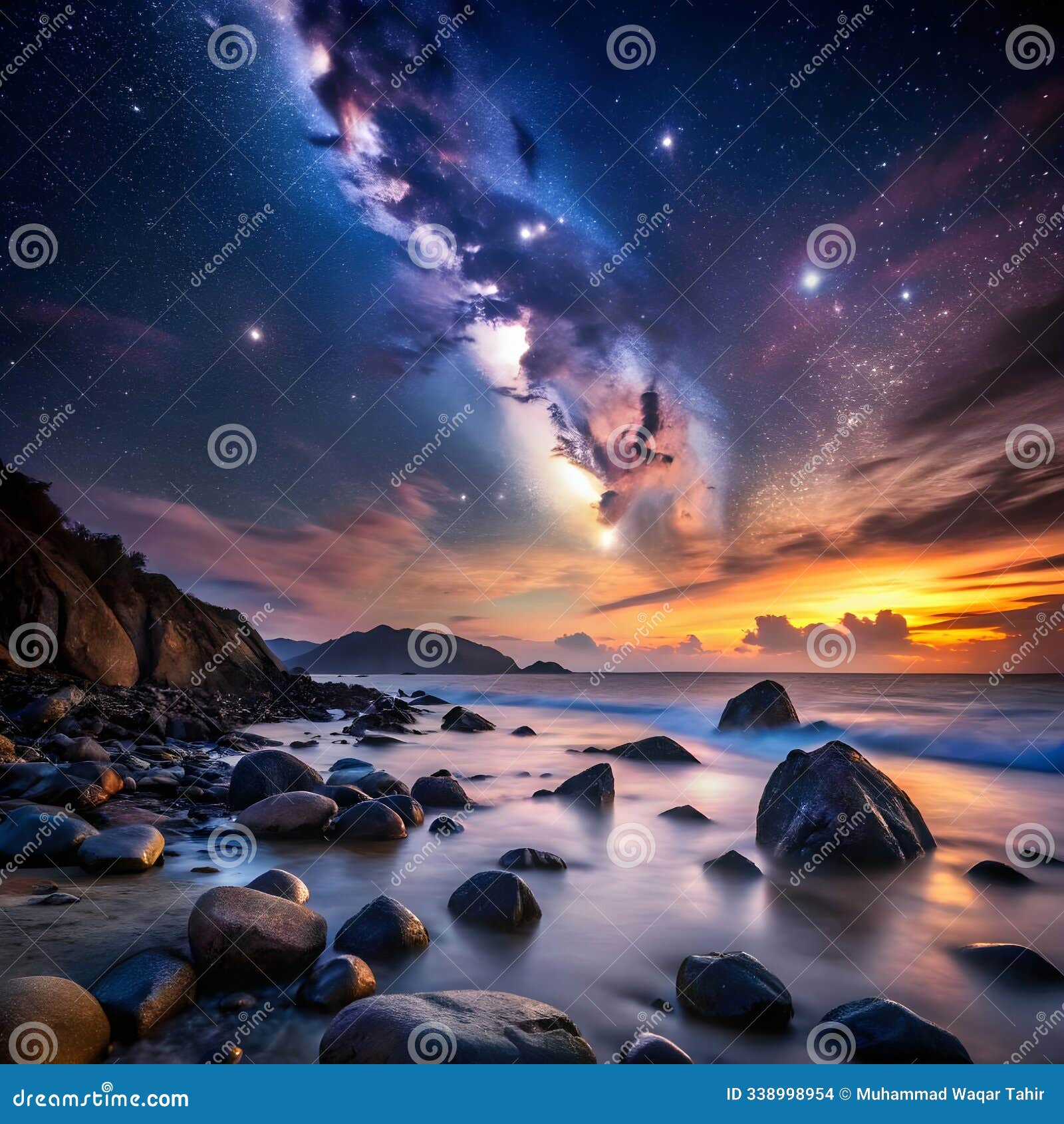 enchanting beach sunset scene darkened sky over rocks with a dazzling array of stars