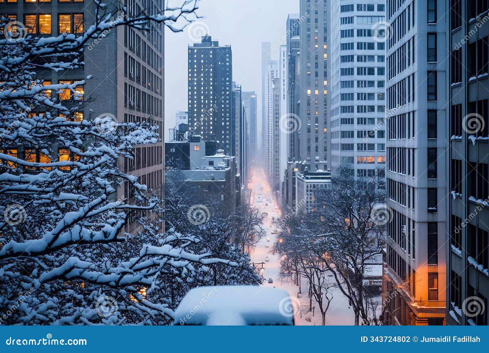 dusk over a snow blanketed city with tranquil deserted avenues and soft snowfall