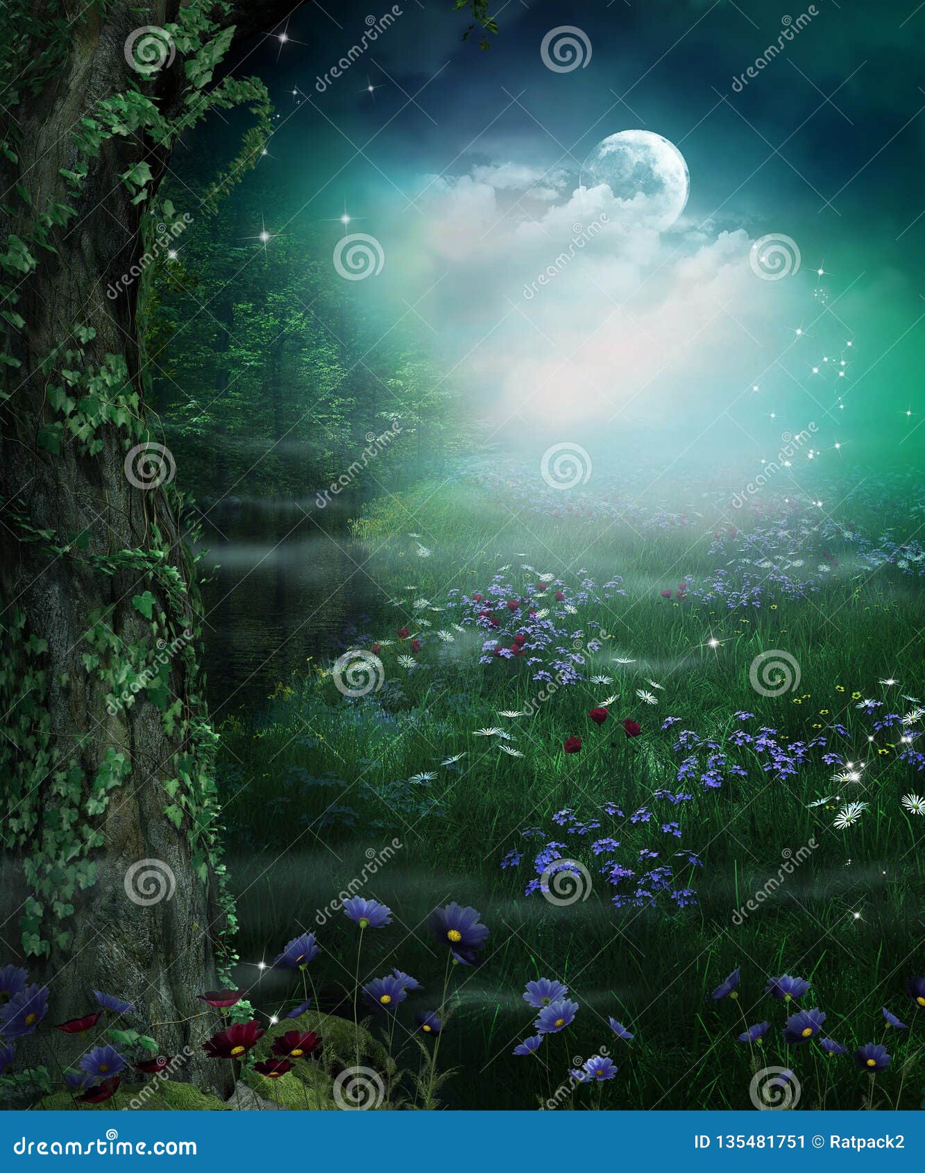 enchanting fairy forest opening at night and full moon