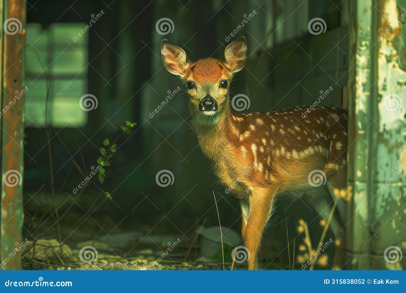 enchanting fawn standing amidst abandoned ruins at twilight, izing nature reclaiming space