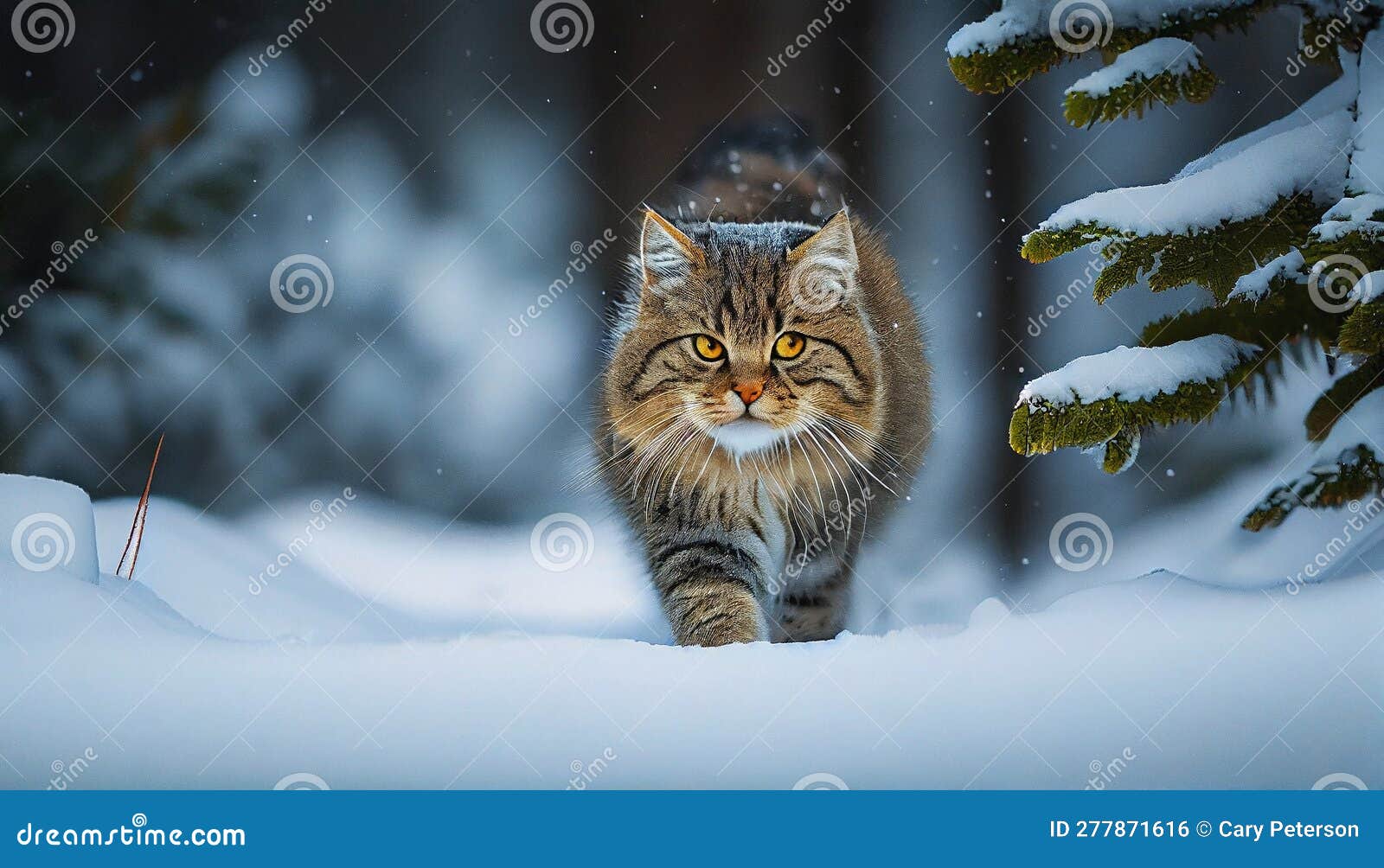 enchanting feline: a snowy walk through the deep forest with a piercing gaze and whiskers of an overlord