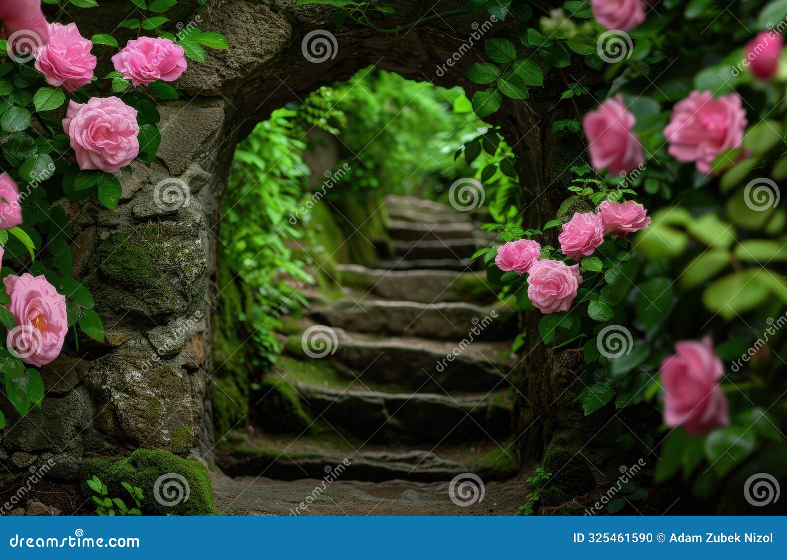 enchanting garden path with blooming roses