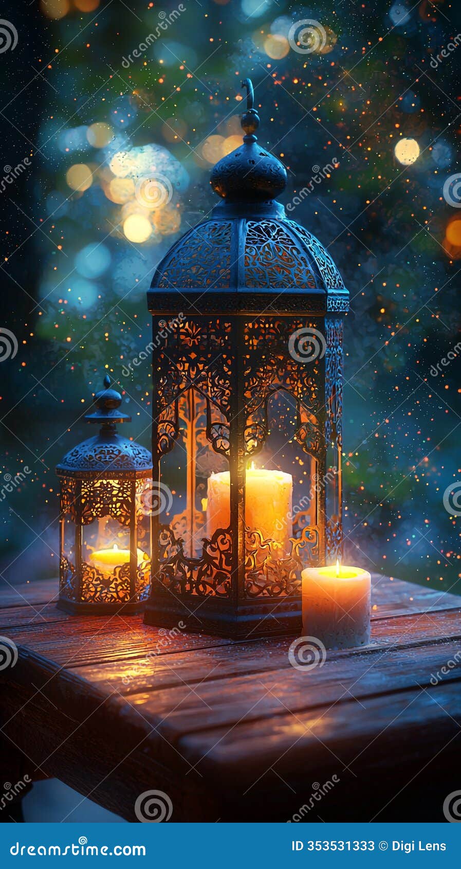 enchanting lit lanterns with candles on wooden table festive night scene