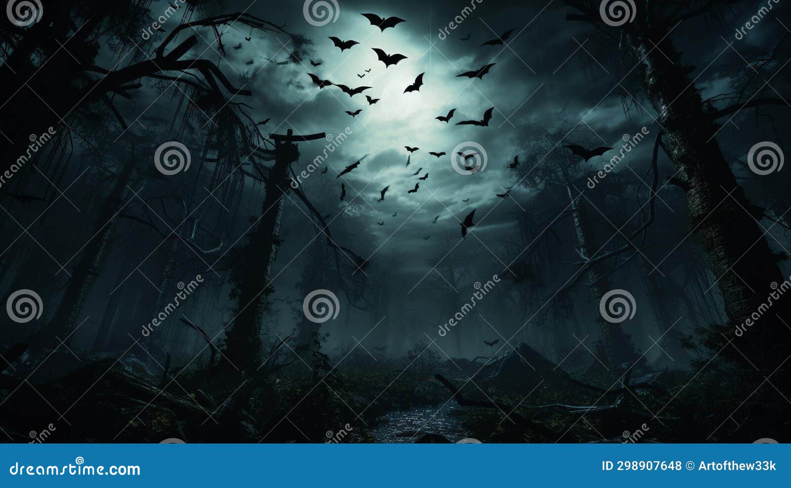 enchanting moonlit dance: bats soaring amidst ancient forest