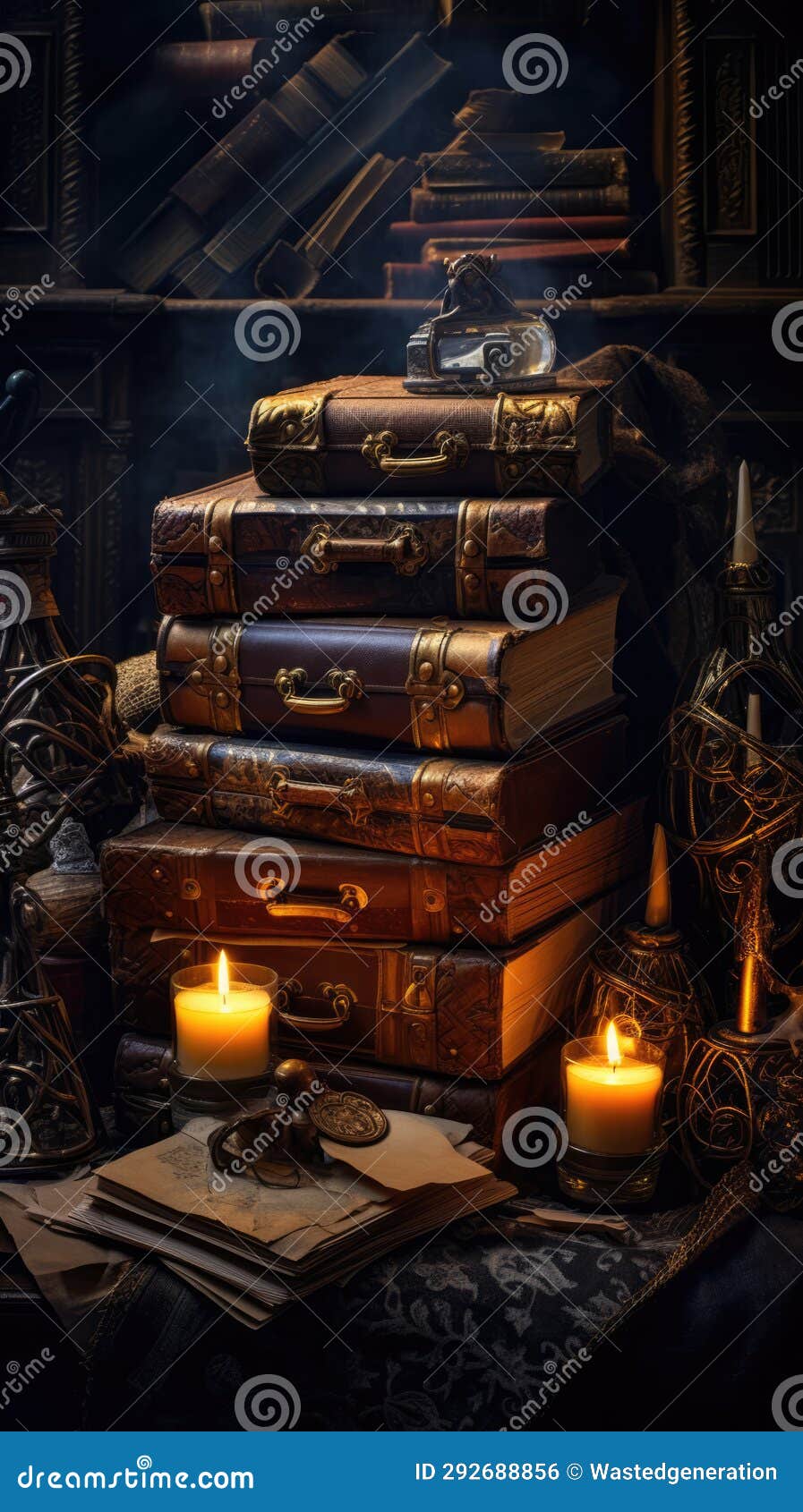 enchanting, mystical fantasy storybook-style desk adorned with treasures, books, candles, and a working atmosphere