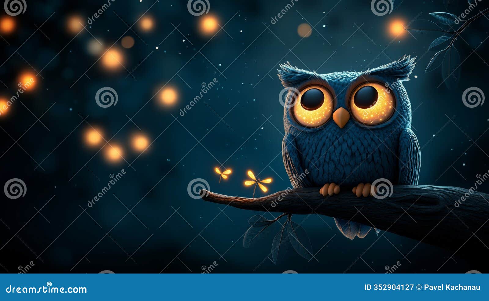 enchanting owl perched on a branch surrounded by glowing fireflies in a twilight forest