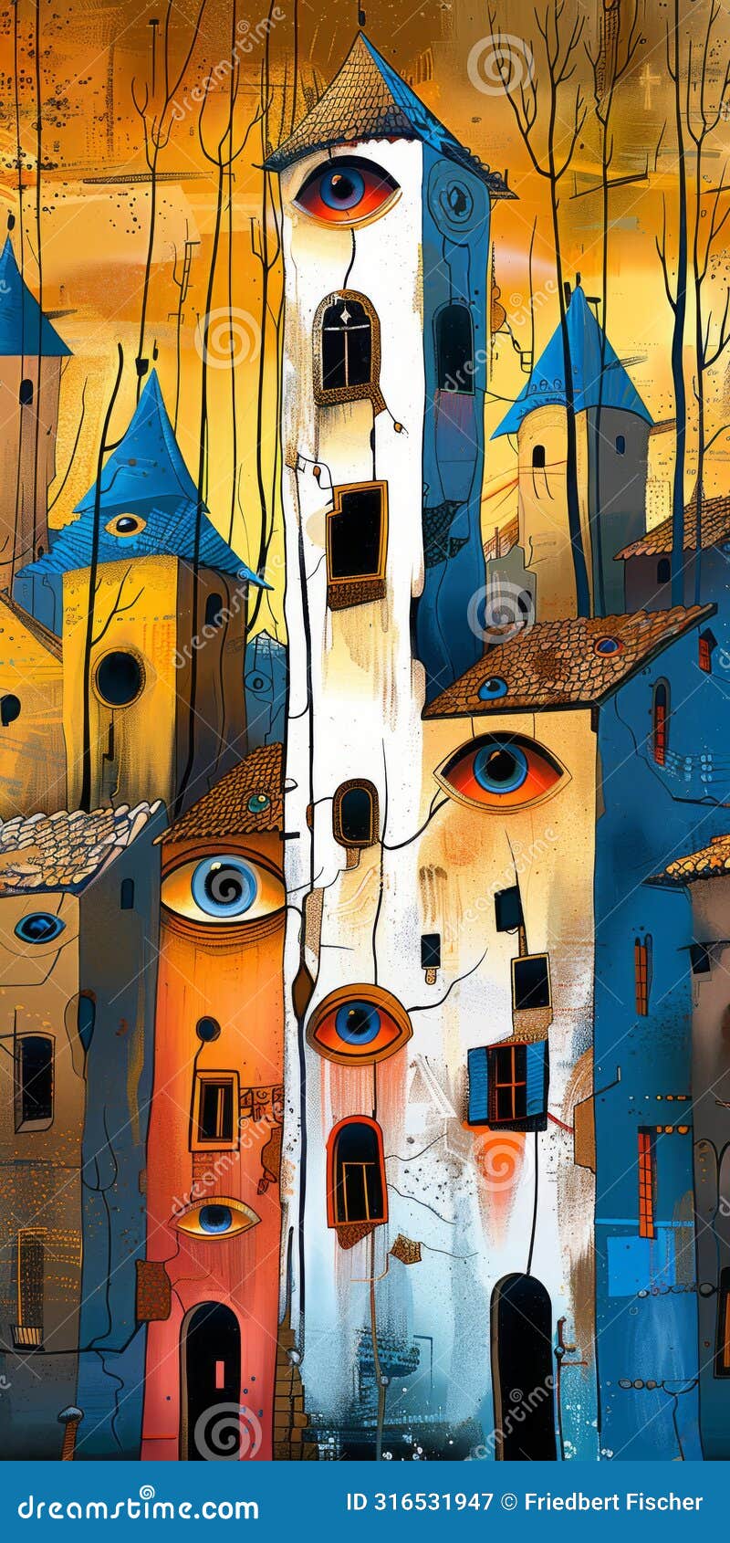 enchanting surreal townscape with eye windows under a golden sky