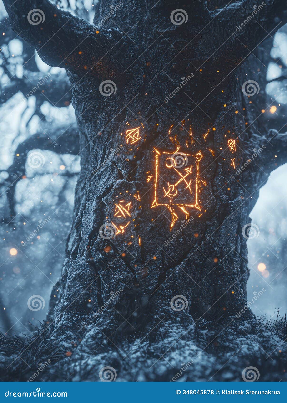 tree with glowing s in twilight forest.