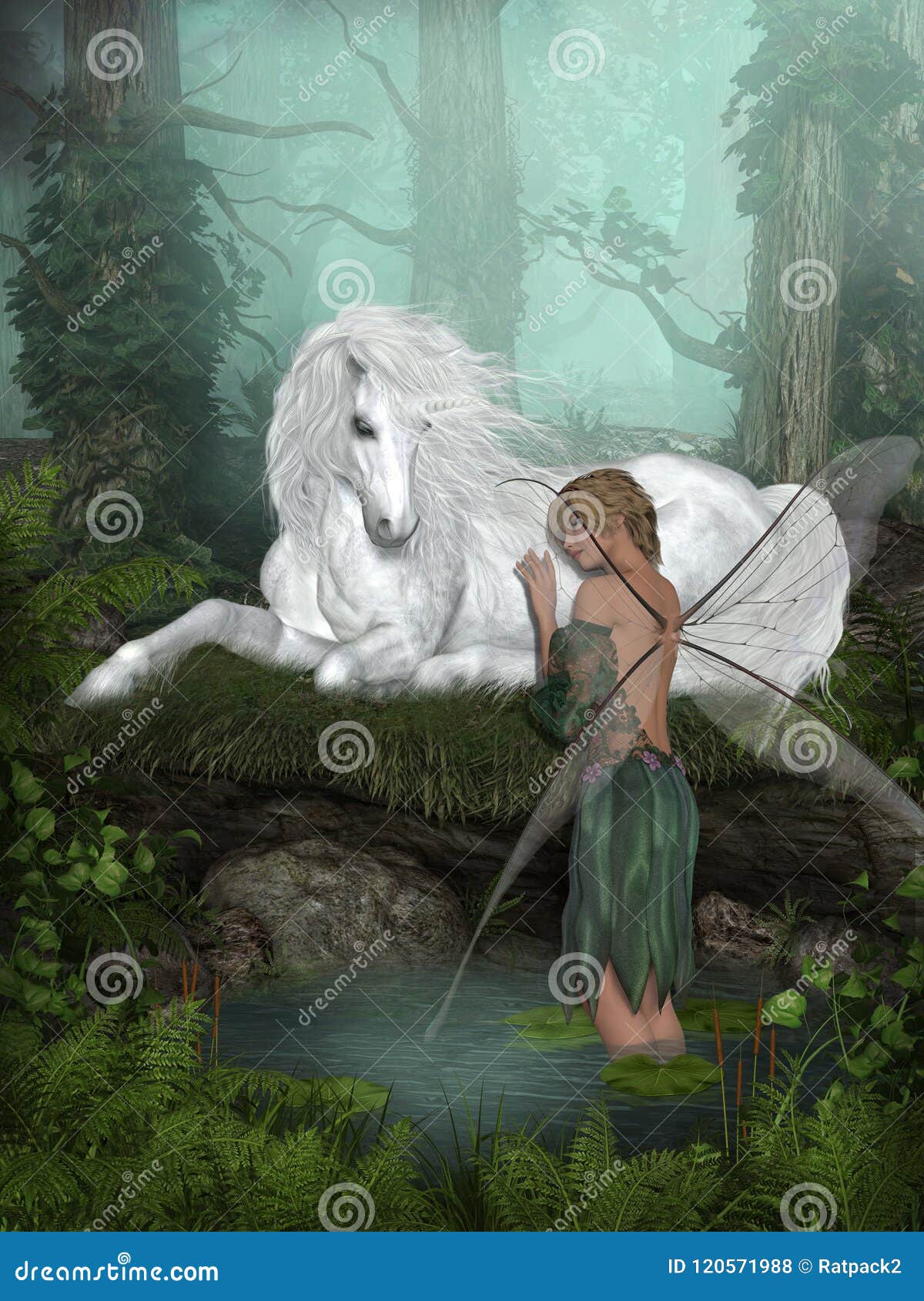 Enchanting Unicorn and Fairy in a Forest by a Pond Stock Illustration