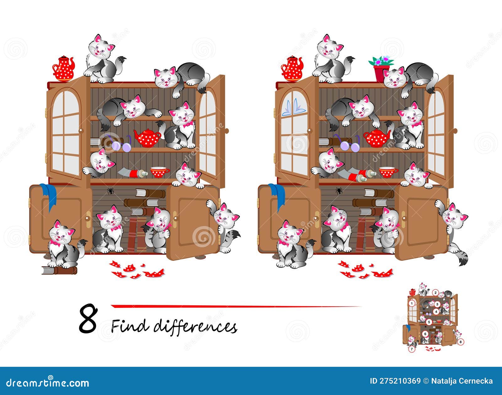 Encontrar 8 Diferenças. Ilustração De Gatinhos Fofos Brincando Na Cozinha.  Jogo De Quebra-cabeças Lógico Para Crianças E Adultos. Ilustração do Vetor  - Ilustração de jogo, escola: 275210369